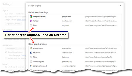 Chrome search engine list - default and other search options from the web browser