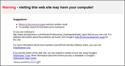The full-page Google warning - This web site may harm your computer