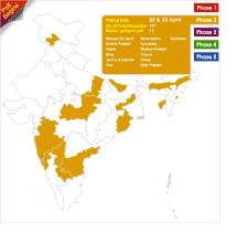 Indian elections 2009 dates and schedule displayed on a map at MapsofIndia.com
