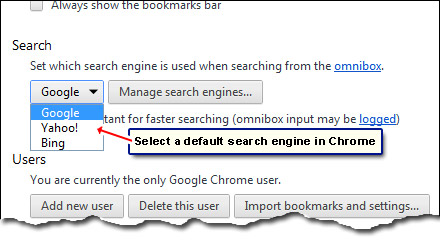Select an alternate search engine in Google Chrome web browser