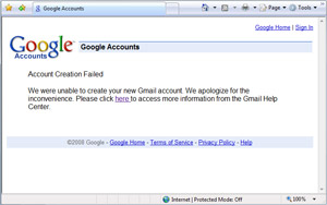 Gmail account creation failed message