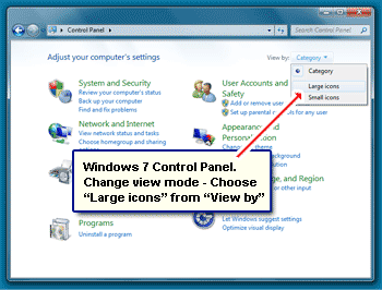 Change the Windows 7 Control Panel view and layout - Large icons