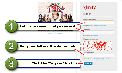 Comcast login page - sign in at the account with username and password