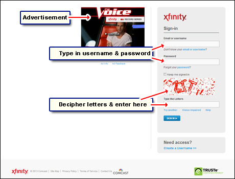 Comcast sign in page - enter username and password
