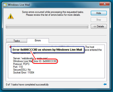 Error number 0X800CCC0D as displayed in Windows Live Mail email client - same for Outlook Express