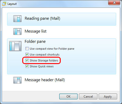Restore the missing storage folders in Windows Live Mail by un-hiding them from the layout menu