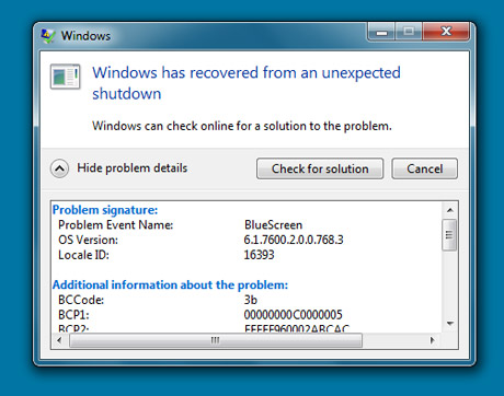 Windows 7 - Blue screen error message on restarting the computer
