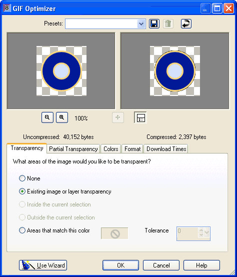 Using Existing Image or layer Transparency through the Gif Optimizer window in PaintShop Pro