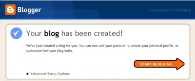 Message confirming the creation of a blog at Google Blogger