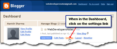 The blog settings link at Google Blogger