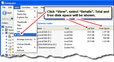 Check disk space on Windows XP - Total and free disk space