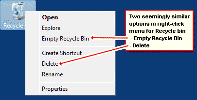 Two similar options in the right-click menu - Delete recycle bin and empty it