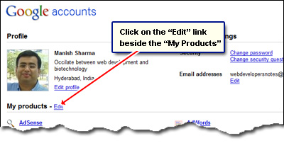 Click on the Edit Link beside the My Products heading to start the process of deleting your Google account