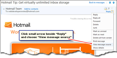How to view the email header information on Hotmail