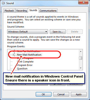 Activate the notification for new email in the Control Panel
