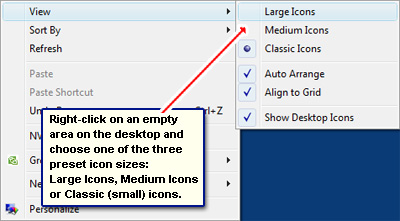 Change the desktop icon size in Windows Vista using one of the three preset
