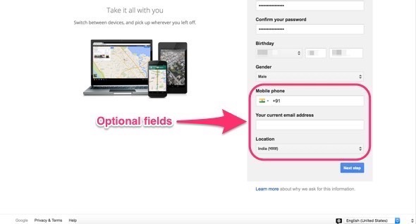 Optional fields of the Google form