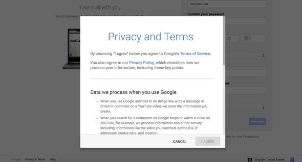 Privacy and Terms popup