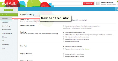 AOL account section