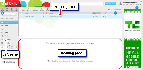 The AOL webmail interface - left pane, message list and reading pane
