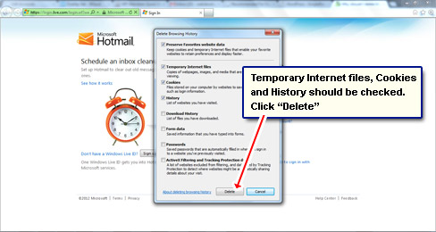 Delete Internet Explorer web browser history, cache and temporary internet files
