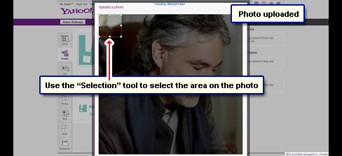 Photo is displayed with a selection tool. Drag corners and move it around to select the area of the photo you want to use on Yahoo