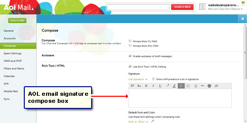 The AOL email signature compose box