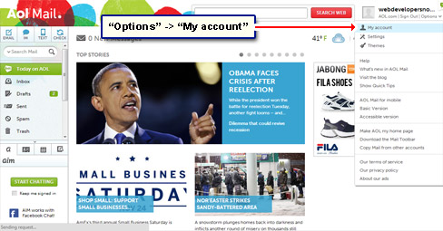 AOL Options menu - choose My Account