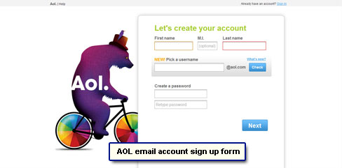 AOL new account online registration form