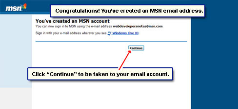 The MSN email account will now be created