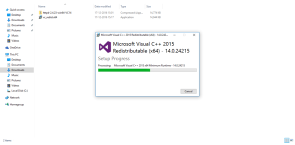 Visual Studio beings to install on Windows 10