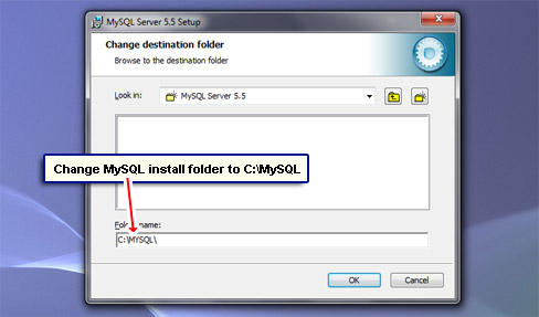 Change MySQL install folder to C:\MySQL.