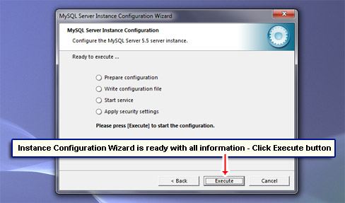 Instance Configuration Wizard is ready with all information - Click Execute button.