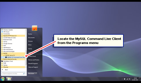 Locate the MySQL Command Live Client from the Programs menu.