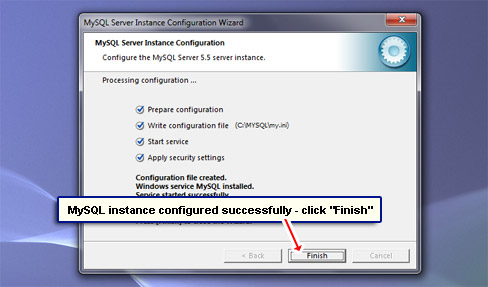 MySQL instance configured successfully - click Finish.