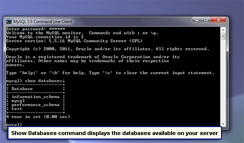 Show Databases command displays the databases available on your server.