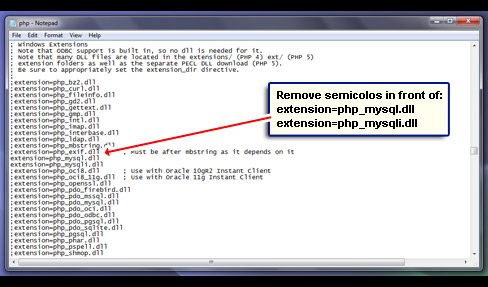 Uncomment the two MySQL extensions by removing the semicolons