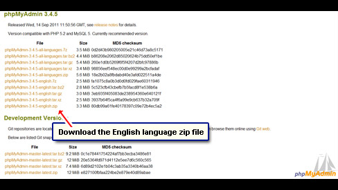 Download the phpMyAdmin zip archive - English language