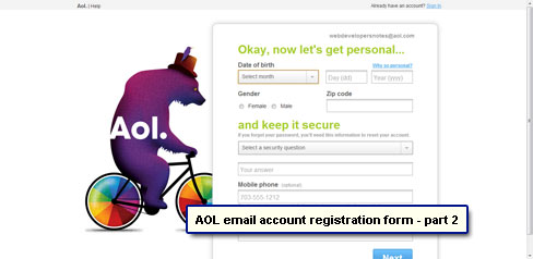 The AOL email sign up form - part 2