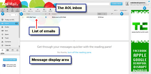 The AOL inbox - email message list and display area