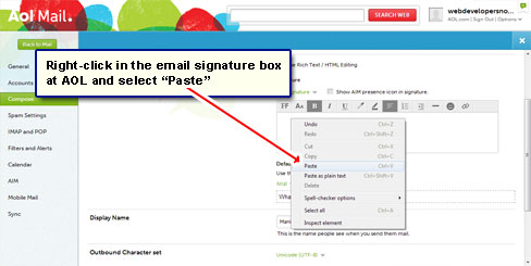 Paste the image in the AOL email signature box