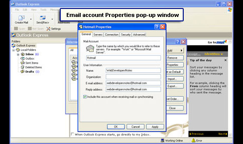 Account properties displayed in a pop-up