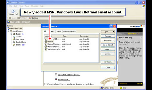 Select the newly added MSN Hotmail email account from the list