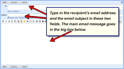 Composing a new email message in Gmail - enter the recipient's email address, the subject and the main matter