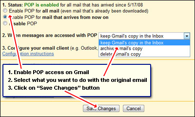 Enabling POP access on your Gmail account - 3 mouse clicks under the settings