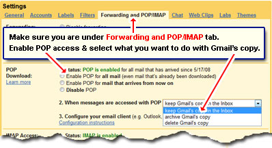 Enabling the free POP3 access on your Gmail via account settings