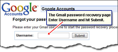 Enter Gmail username and hit the submit button to recover your lost Gmail password