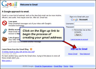 Gmail homepage with the signup link