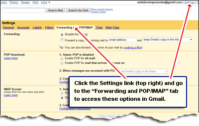 The Gmail settings sections with options for Forwarding messages, POP and IMAP for downloading emails