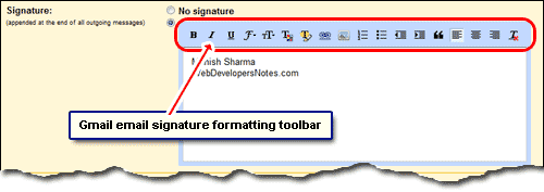 Make a Gmail email signature with fancy formatting using the toolbar